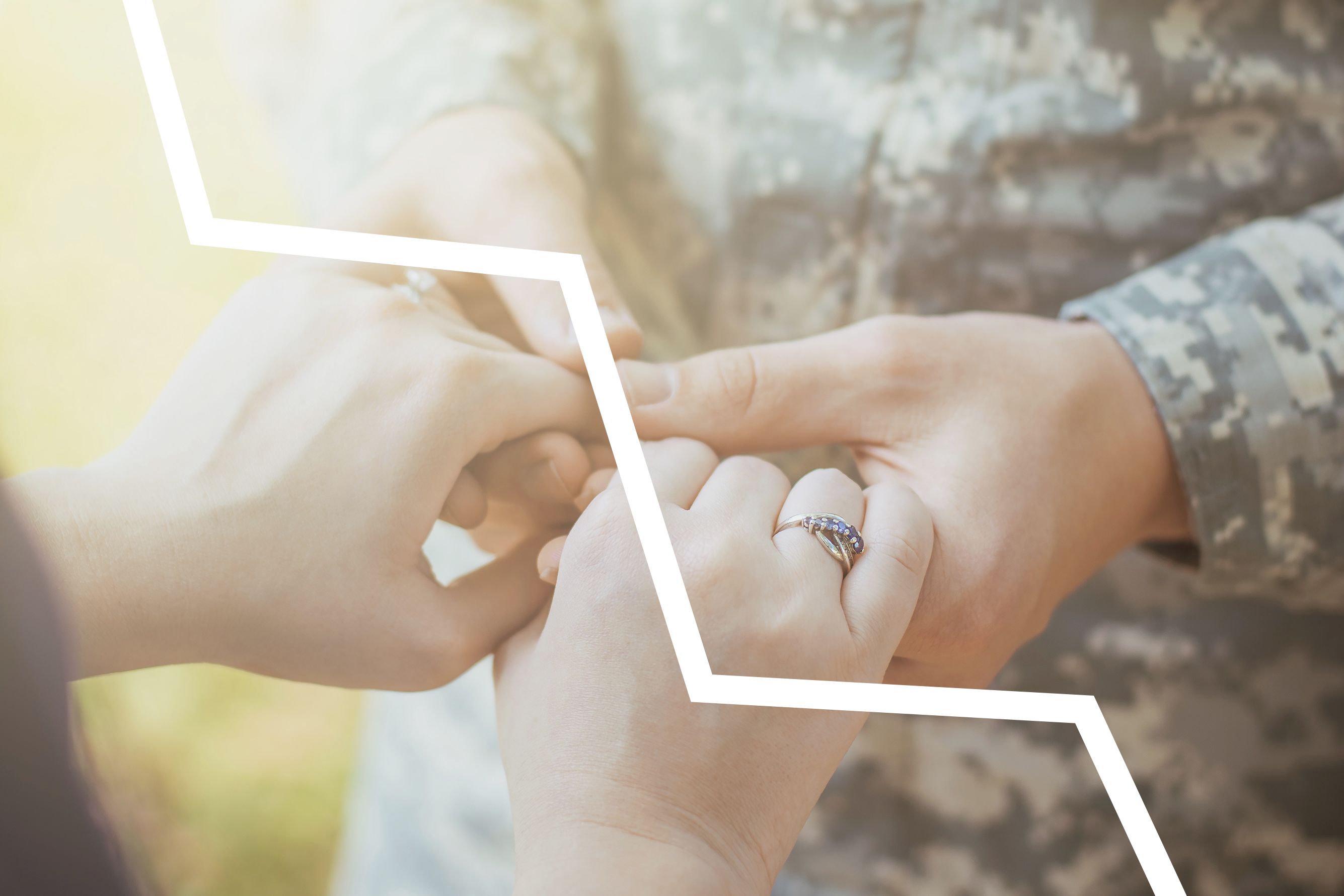Picture of military couple holding hands with line to represent tear